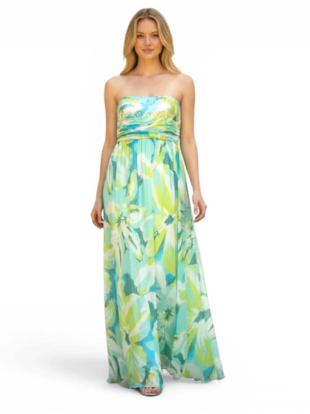 Aiden Mattox Prom Dress Silk Chiffon Strapless Gown Size 12 Floral Sequin Bodice